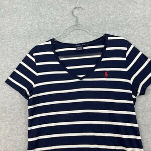 Vintage‎ Y2K Ralph Lauren Sport T Shirt Women Large Blue White Stripe V-Neck